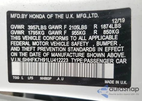 2020 Honda Civic Sport Touring from USA, damaged, VIN SHHFK7H91LU412223